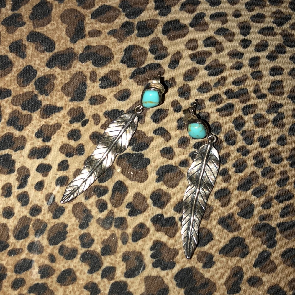 Real turquoise feather earrings